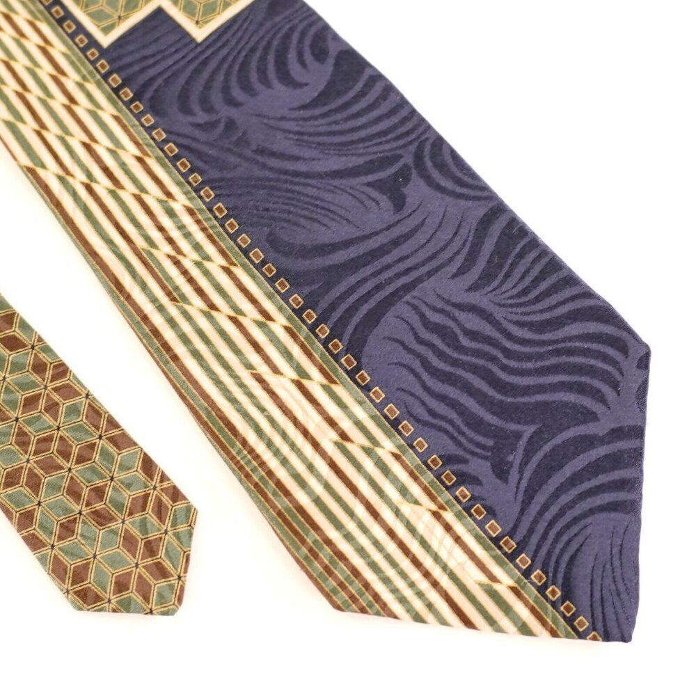 Henry Grethel Green Brown Abstract Jacquard‎ Print Short Wide Italian Silk Tie